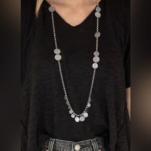 Long chain necklace with textured silver discs